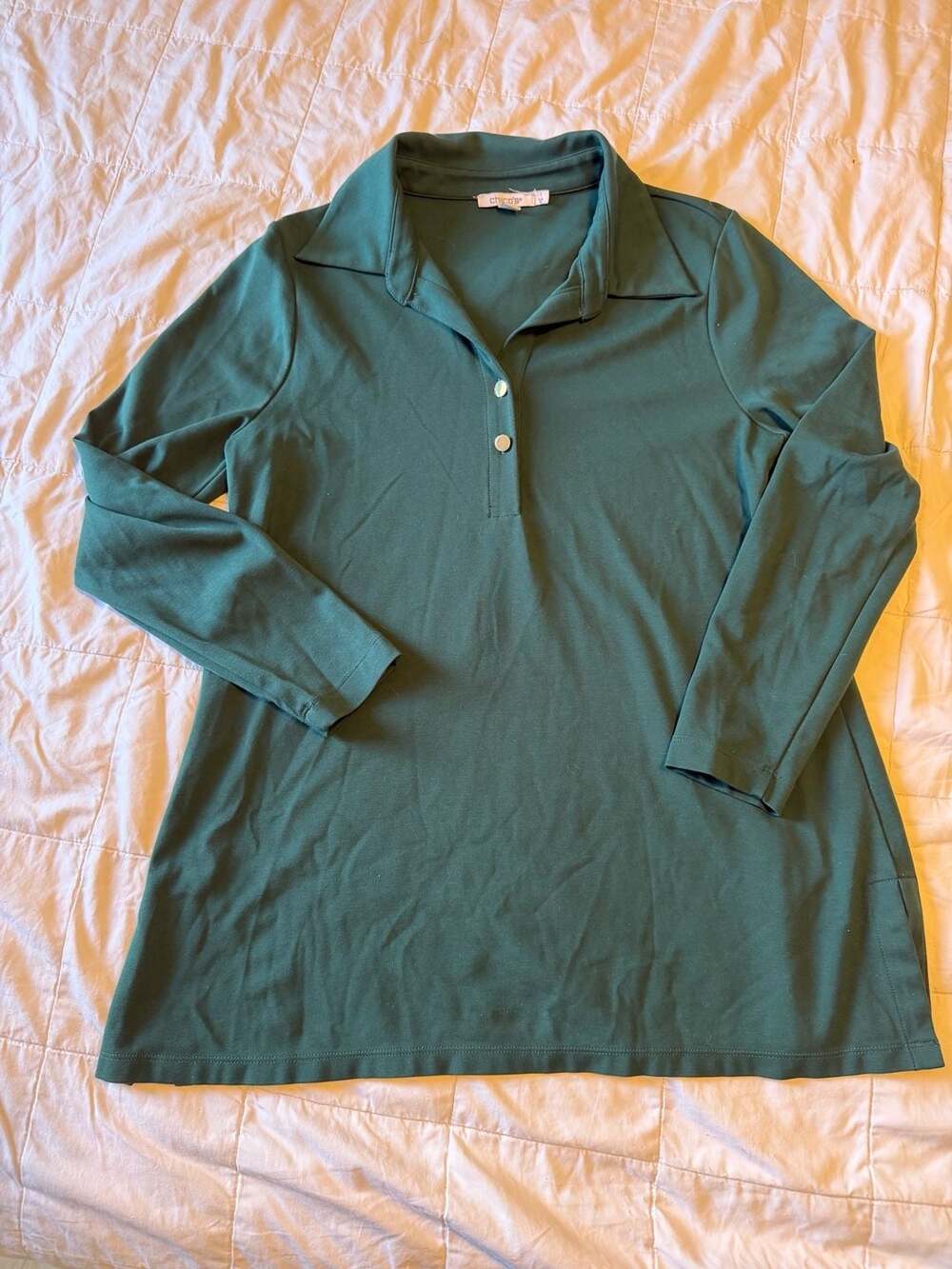 Chico's Long Sleeve Polo Shirt Size 1 M Green Collared Tunic Stretch